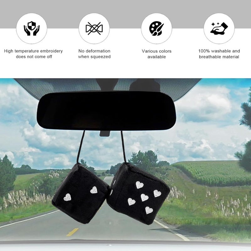 ZNDAW 2 PCS Fuzzy Plush Dice for Car Mirror, 2.75" Retro Square Heart Shape Car Rearview Mirror Cute Decor, Fluffy Dice Vehicle Hanging Ornament Decoration Interior for Women (Black) - Image 4
